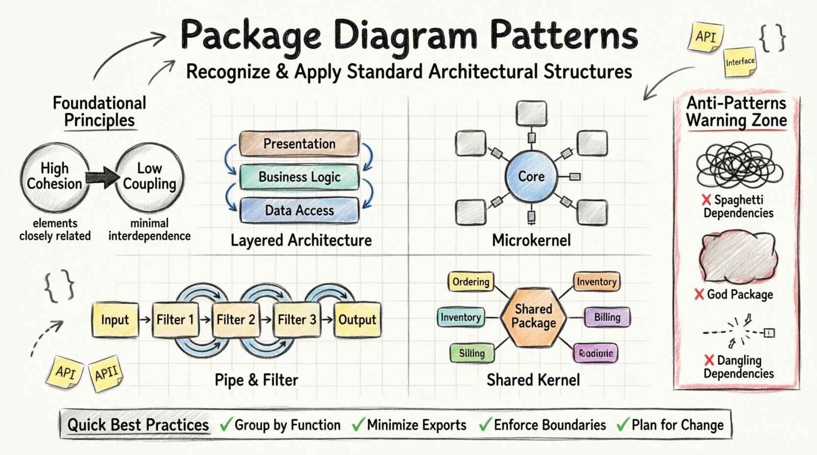 Marker-style infographic illustrating four key package diagram patterns in software architecture: Layered Architecture with horizontal dependency flow, Microkernel with core-and-extensions structure, Pipe and Filter for sequential data processing, and Shared Kernel for reusable core modules. Includes foundational principles of cohesion and coupling, common anti-patterns to avoid like spaghetti dependencies and god packages, and best practices for maintainable system design. Hand-drawn visual guide for software architects and development teams.