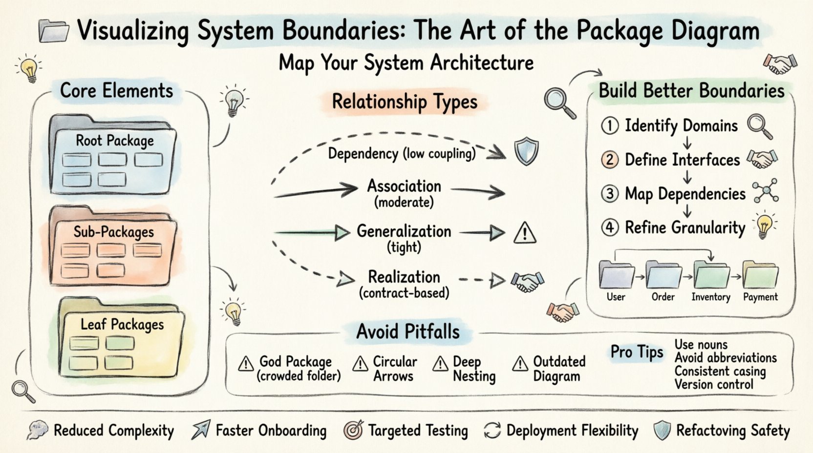 Hand-drawn infographic illustrating package diagram best practices for visualizing system boundaries in software architecture. Features core elements (root packages, sub-packages, leaf packages with folder icons), four relationship types with notation guide (dependency dashed arrow, association solid line, generalization solid triangle, realization dashed triangle), a 4-step workflow for building effective diagrams (identify domains, define interfaces, map dependencies, refine granularity), e-commerce example showing User, Order, Inventory, and Payment packages interacting via clean interfaces, common anti-patterns to avoid (God Package, circular dependencies, over-nesting, outdated diagrams), and key benefits including reduced complexity, faster onboarding, targeted testing, deployment flexibility, and refactoring safety. Sketchy pencil-and-ink style with soft watercolor accents, icon-driven layout, and hand-lettered labels on a textured paper background in 16:9 landscape format.