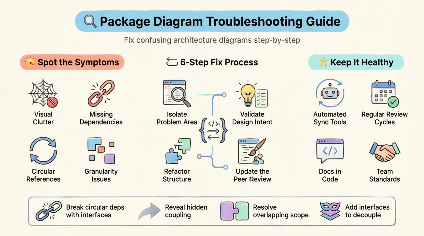 Package Diagram Troubleshooting Guide Infographic: A clean flat-design visual flowchart showing how to identify and fix confusing software architecture diagrams. Features symptom detection icons (visual clutter, missing dependencies, circular references), a 6-step resolution process (isolate, trace, validate, refactor, update, review), dependency fix strategies, and maintenance best practices. Designed with pastel accents, rounded shapes, and black outline icons for student-friendly learning and social media sharing.