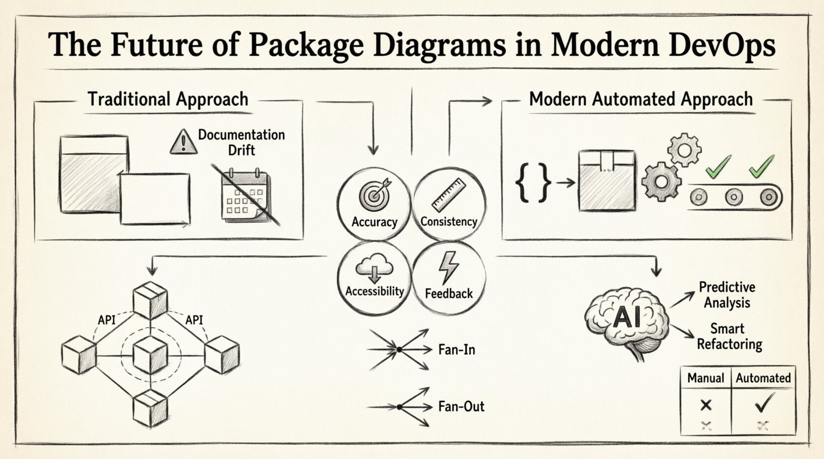 Line art infographic illustrating the evolution of package diagrams in modern DevOps: contrasts manual documentation approaches prone to drift with automated generation integrated into CI/CD pipelines, visualizes microservices architecture boundaries, displays key metrics like Fan-In and Fan-Out coupling indicators, and highlights future AI-powered trends for predictive analysis and smart refactoring in software architecture