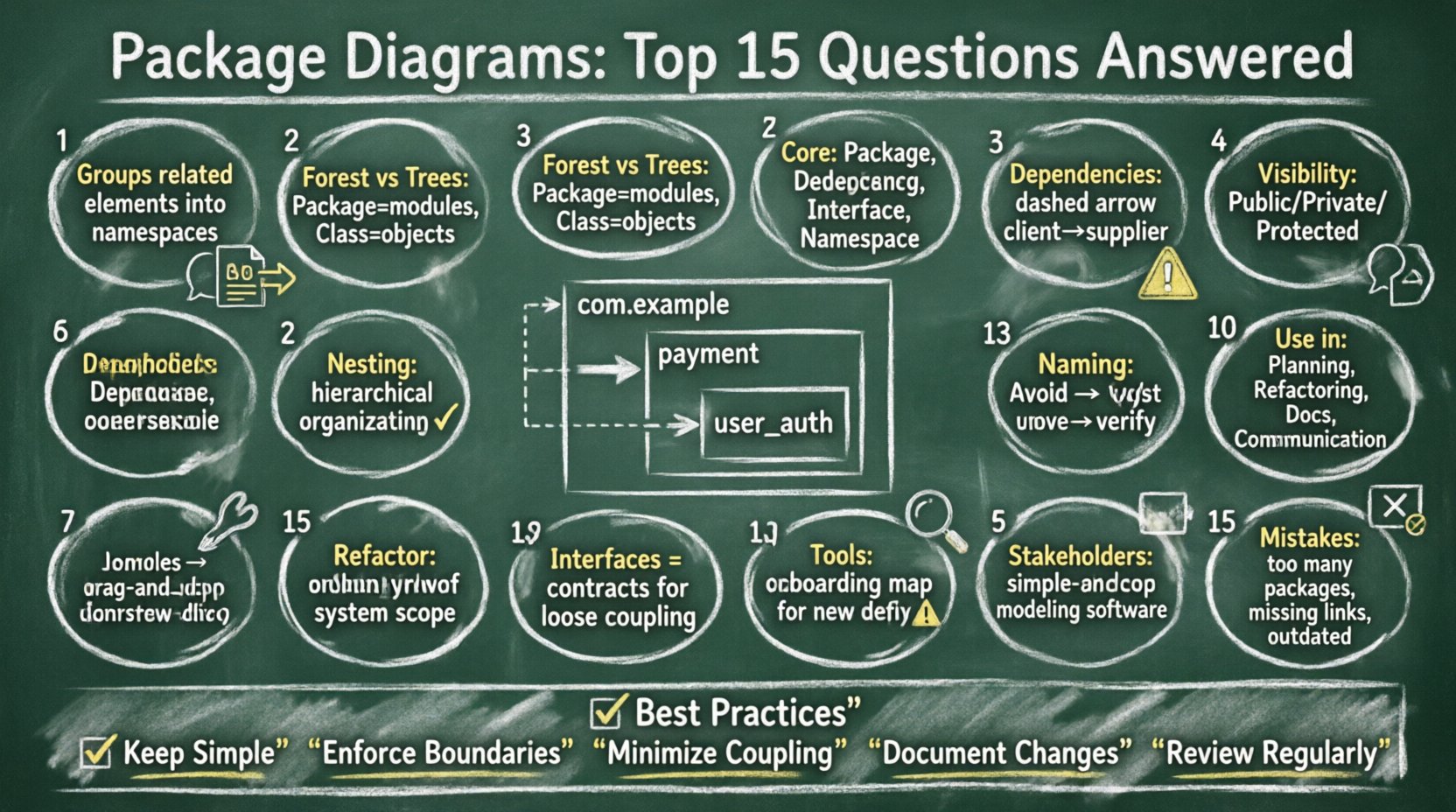 Chalkboard-style educational infographic answering 15 expert questions about UML Package Diagrams: shows core concepts including package organization, dependencies, visibility modifiers, nesting, naming conventions, cycle avoidance, interface contracts, and best practices for software architecture documentation, designed with hand-written teacher aesthetic for easy comprehension