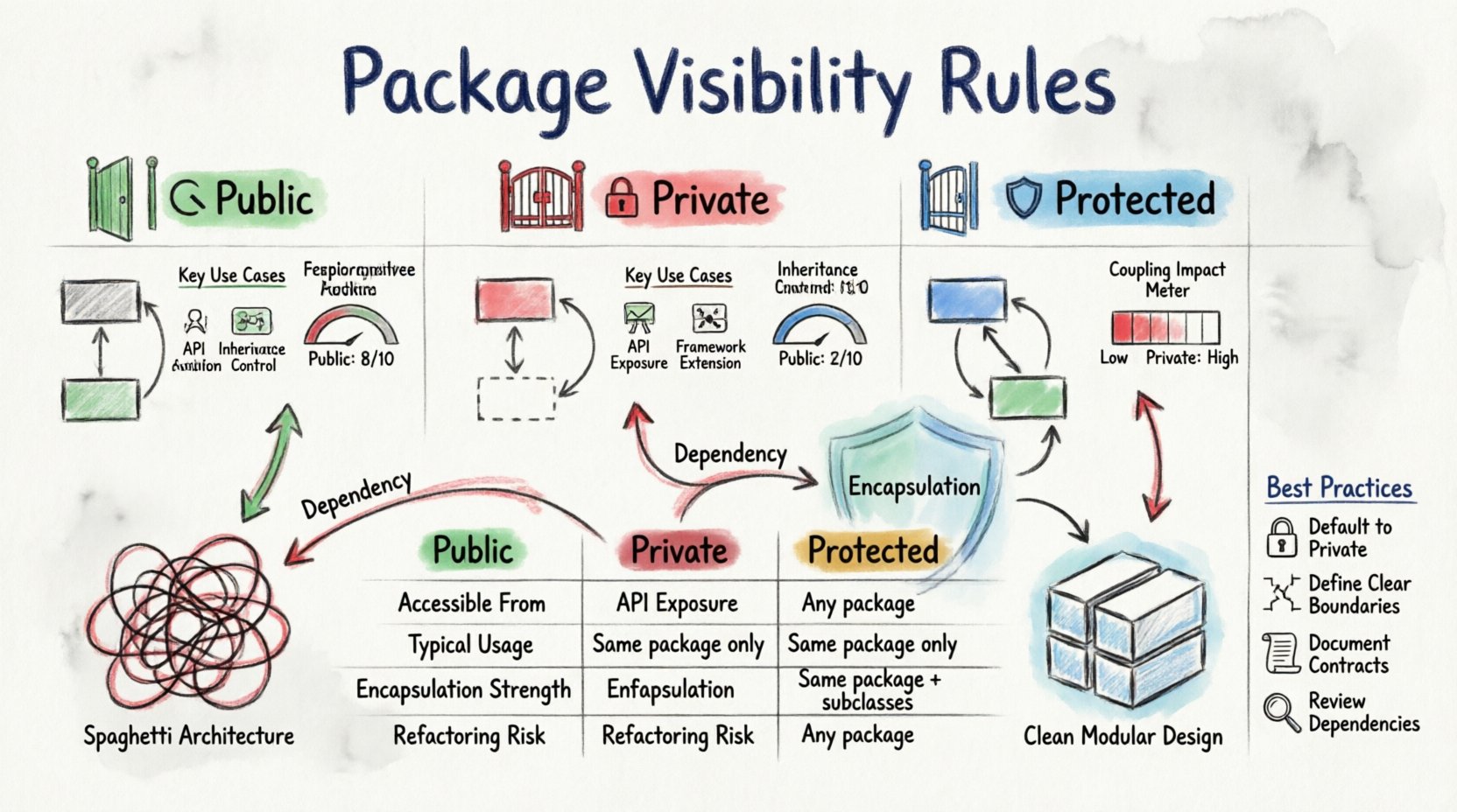 Package visibility infographic in marker illustration style showing private, public, and protected access rules in software architecture, with comparison table, best practices, and visual metaphors for encapsulation, decoupling, and dependency management
