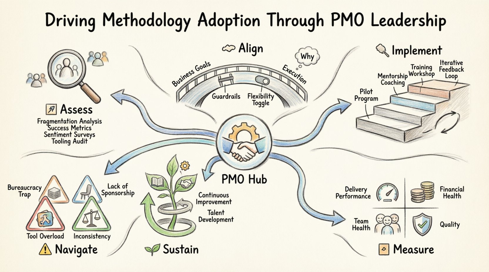 Hand-drawn infographic showing how PMO leadership drives methodology adoption through six phases: assessing organizational maturity, aligning strategy with execution, implementing change via pilot programs and training, measuring success with delivery and team health metrics, navigating resistance pitfalls like bureaucracy and tool overload, and ensuring long-term sustainability through continuous improvement and talent development.