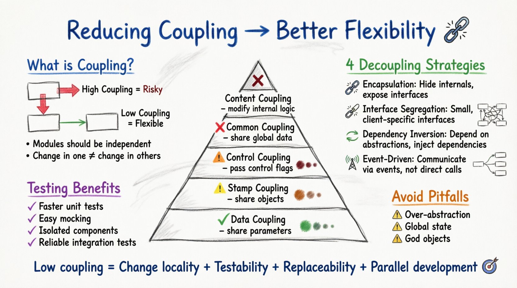 Hand-drawn whiteboard infographic illustrating software coupling reduction strategies: shows coupling spectrum from data to content coupling, four decoupling techniques (encapsulation, interface segregation, dependency inversion, event-driven architecture), testing benefits, and common pitfalls to avoid for building flexible, maintainable systems