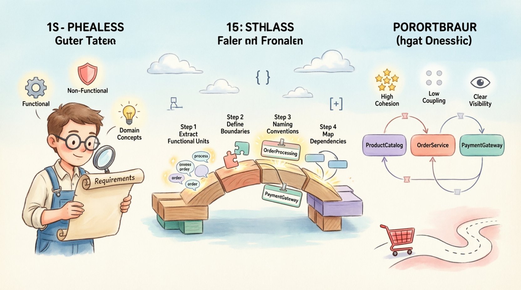 Whimsical infographic illustrating the process of translating software requirements into package diagrams, showing requirements analysis with functional and non-functional requirements, a four-step translation workflow (extract functional units, define boundaries, naming conventions, map dependencies), key design principles of high cohesion and low coupling, and a practical e-commerce example with ProductCatalog, OrderService, and PaymentGateway packages connected by dependency arrows