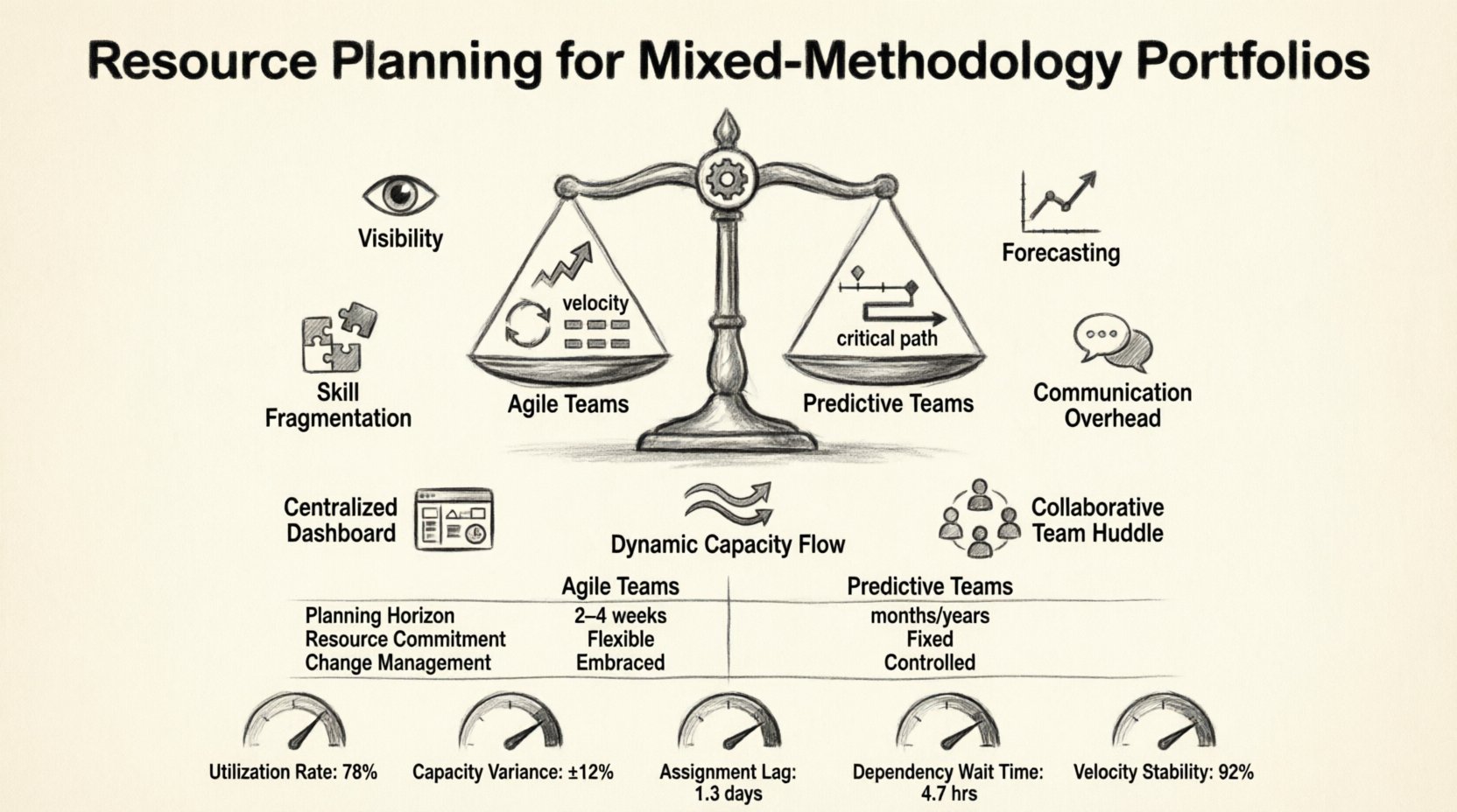 Charcoal sketch infographic summarizing resource planning strategies for mixed-methodology portfolios, illustrating the balance between Agile and Predictive approaches, key challenges like visibility and forecasting, strategic solutions including centralized visibility and dynamic capacity management, and essential metrics for hybrid project management success