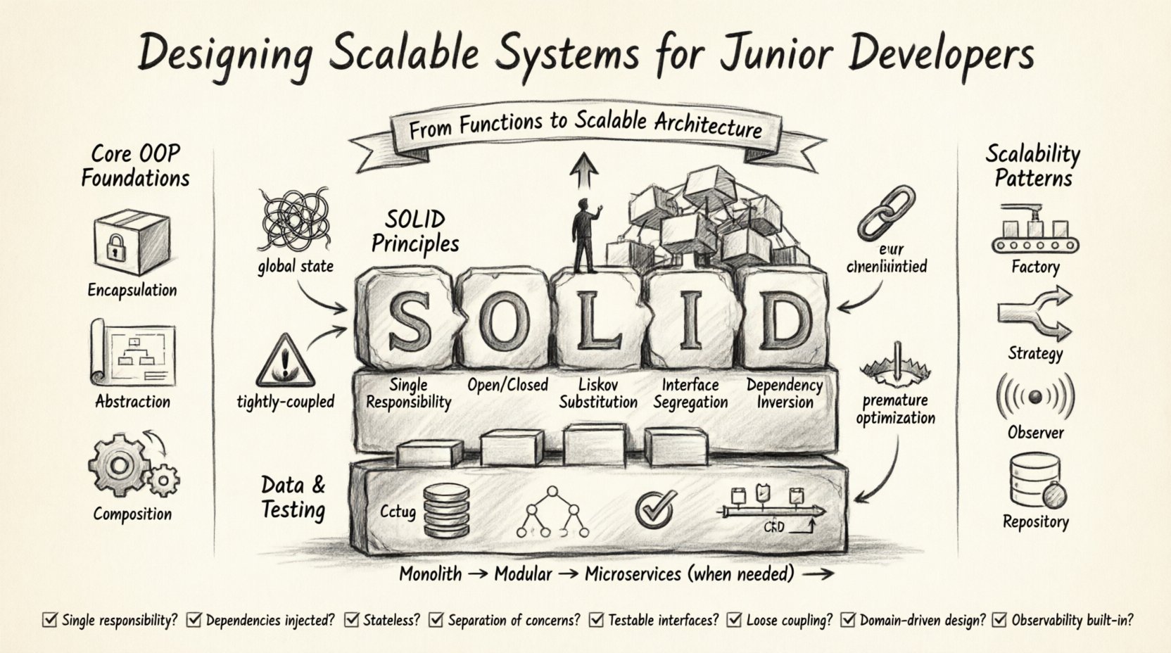 Charcoal sketch infographic illustrating scalable system design principles for junior developers: features Object-Oriented Analysis and Design foundations, SOLID principles (Single Responsibility, Open/Closed, Liskov Substitution, Interface Segregation, Dependency Inversion), architectural patterns (Factory, Strategy, Observer, Repository), data management strategies, testing practices, and a scalability checklist—all presented in a hand-drawn contour style with clear visual hierarchy to guide professional growth from writing functions to designing resilient, extensible software architectures.