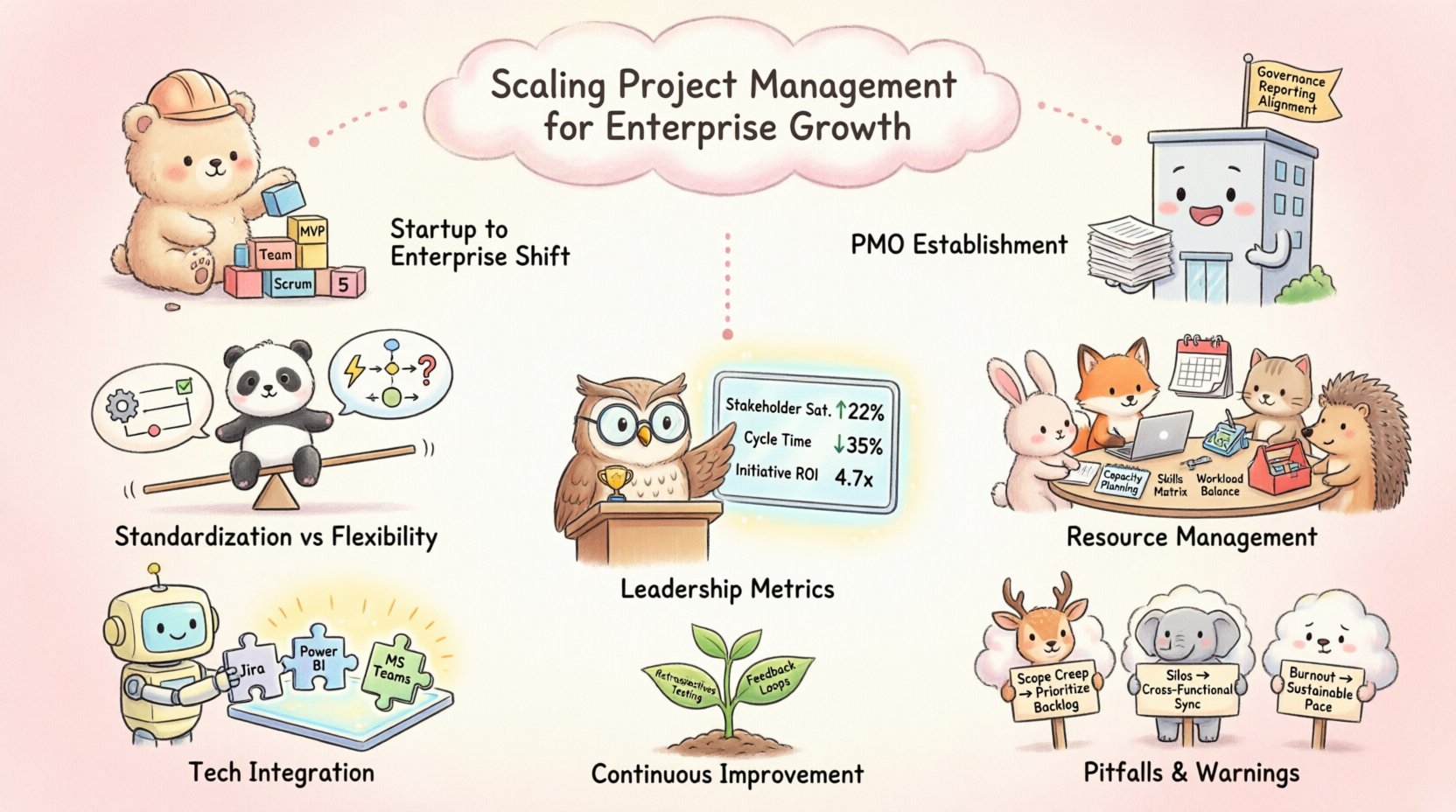 Kawaii-style infographic illustrating how to scale project management for enterprise growth, featuring cute pastel illustrations of key concepts: transitioning from startup agility to enterprise structure, establishing a Project Management Office (PMO), balancing standardization with flexibility, resource management at scale, leadership metrics and reporting, technology integration, common pitfalls to avoid, and continuous improvement practices—all presented with adorable character icons and clean visual hierarchy in 16:9 format