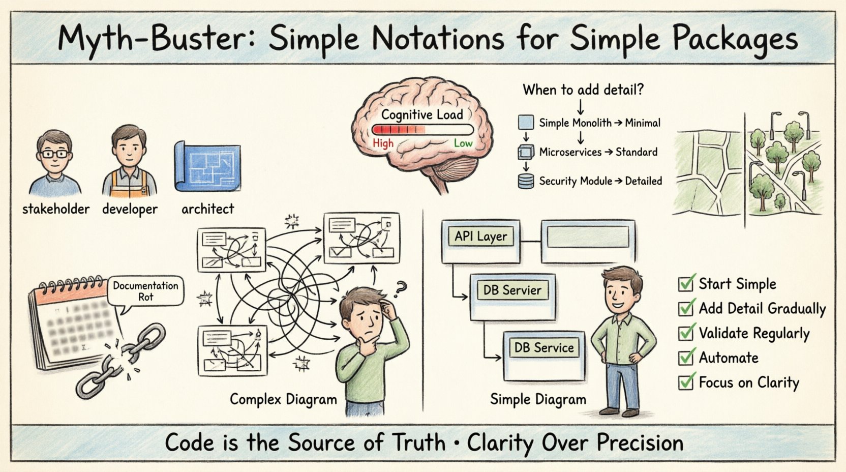 Hand-drawn infographic illustrating why simple package diagrams improve software documentation: compares cluttered vs clean diagrams, shows audience-tailored detail levels, cognitive load reduction, decision framework for notation complexity, and best practices for maintainable architecture documentation with thick outline sketch style