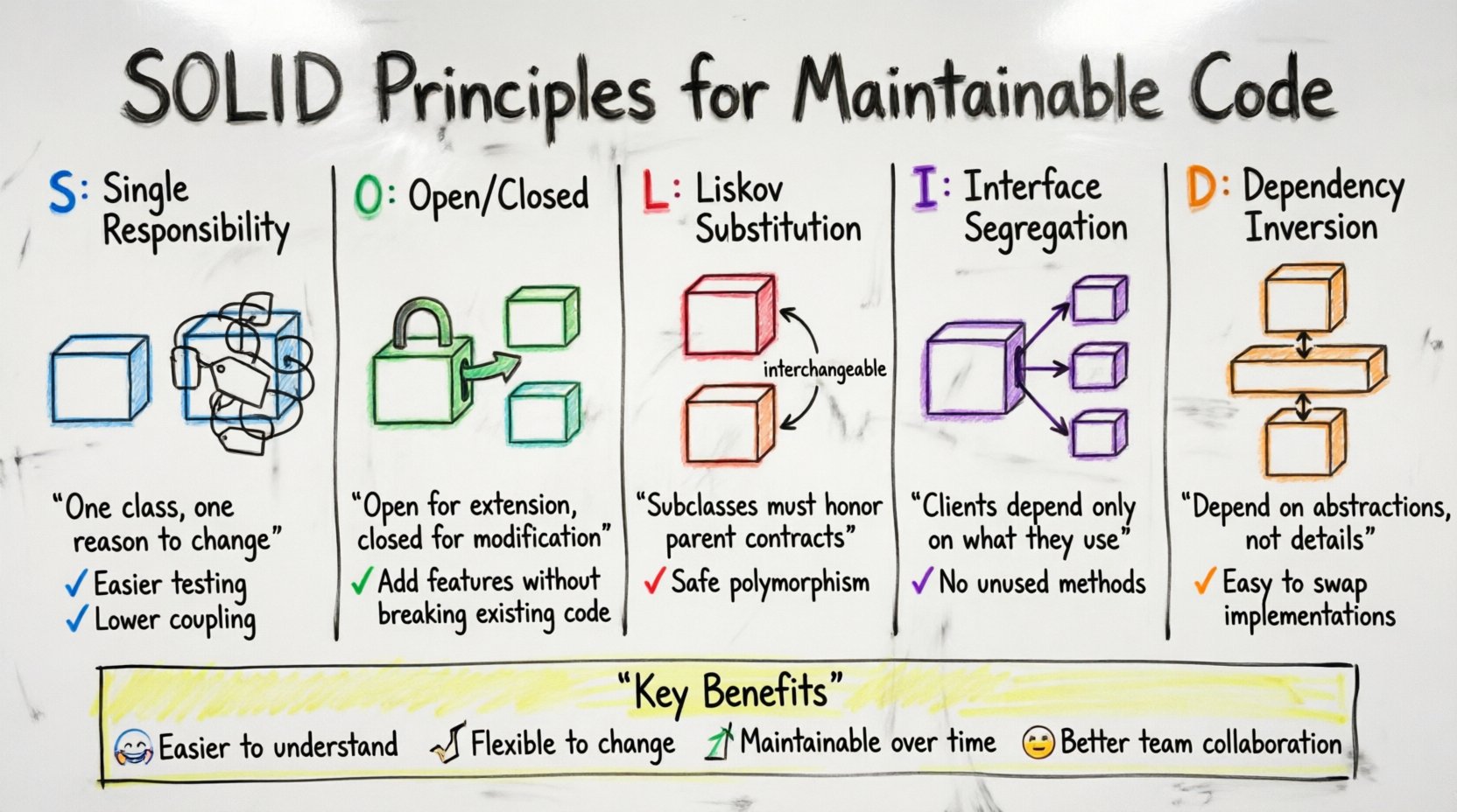 Hand-drawn whiteboard infographic illustrating the five SOLID principles for maintainable code: Single Responsibility (blue), Open/Closed (green), Liskov Substitution (red), Interface Segregation (purple), and Dependency Inversion (orange), with colored marker visuals, icons, and key benefits for software architecture best practices