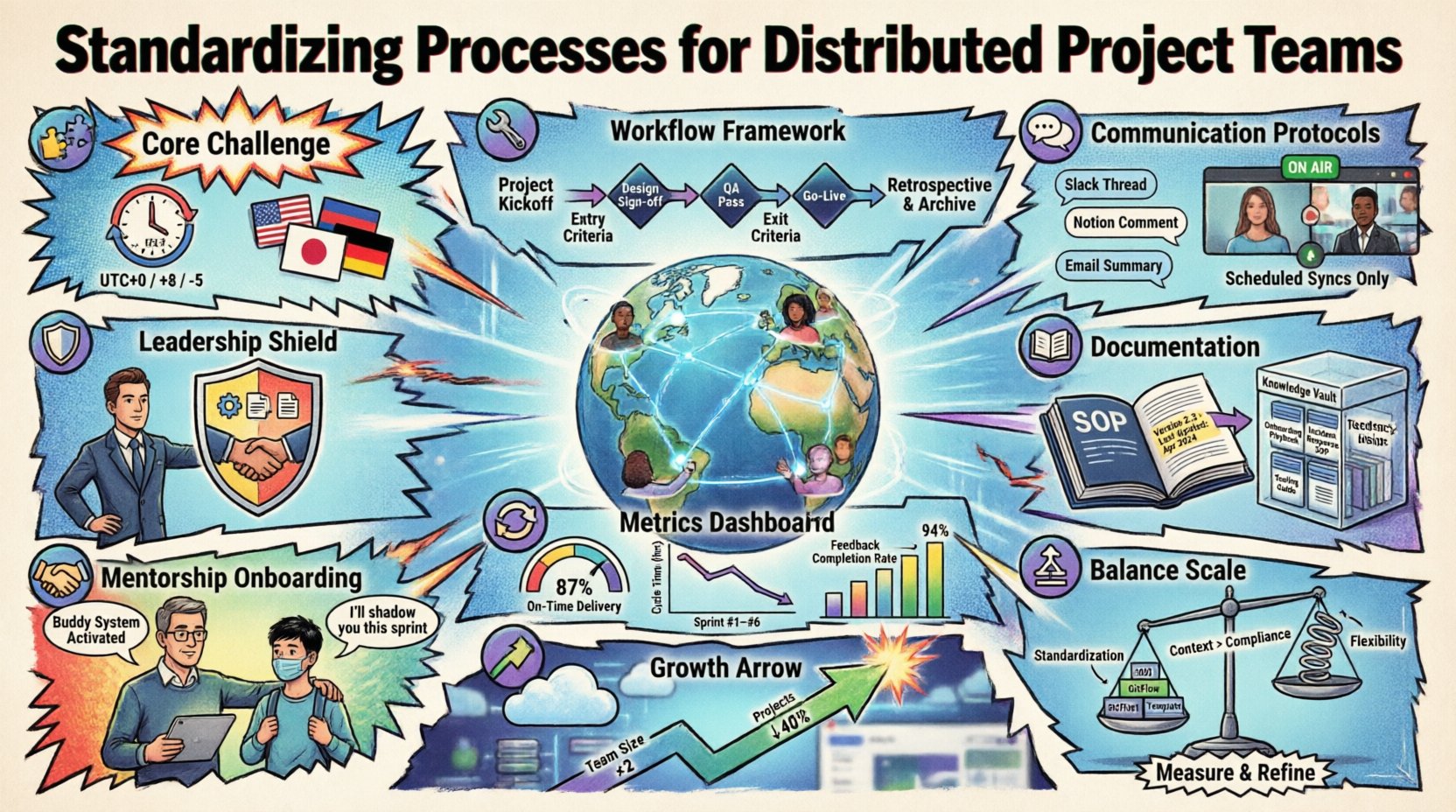 Comic book style infographic illustrating key strategies for standardizing processes in distributed project teams, featuring workflow frameworks, async communication protocols, documentation best practices, and balancing flexibility with consistency to enable remote team productivity and scalability