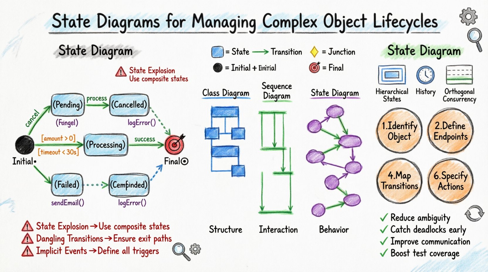 Hand-drawn whiteboard infographic illustrating state diagrams for managing complex object lifecycles in OOAD. Features color-coded sections: blue state bubbles showing banking transaction flow (Pending→Processing→Completed/Failed/Refunded), green transition arrows with event labels, orange guard conditions in brackets, purple action annotations. Includes core components legend (states, transitions, junctions, initial/final markers), visual comparison of Class vs Sequence vs State diagrams, advanced techniques (hierarchical states, history, orthogonal regions), 6-step design process workflow, common pitfalls with solutions, and key takeaways with checkmarks. Whiteboard aesthetic with marker stroke textures and handwritten labels.