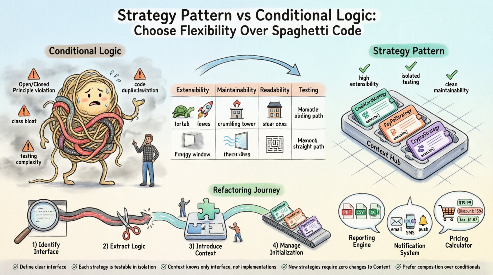 Whimsical infographic comparing Strategy Pattern vs Conditional Logic in software design: shows spaghetti code monster versus modular strategy toolbox, side-by-side feature comparison table, 4-step refactoring roadmap, and real-world use cases for payment processing, reporting engines, and notification systems