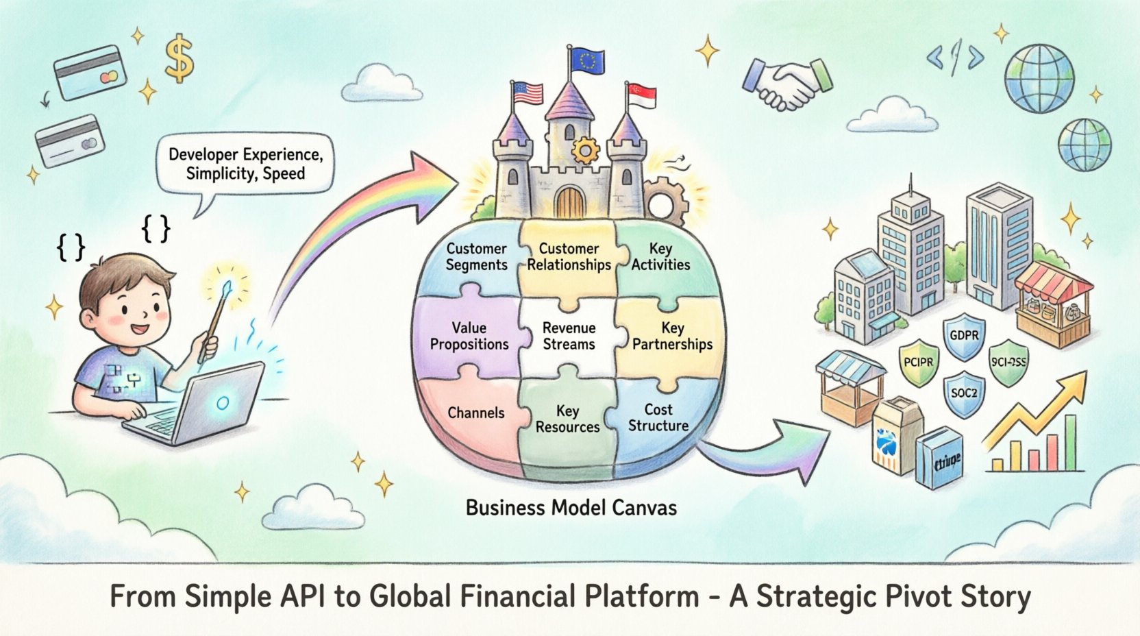 Whimsical infographic illustrating how Stripe used the Business Model Canvas to pivot from a simple payment API to a global financial infrastructure platform, showing the 9 canvas building blocks, developer-focused value proposition, customer segments evolution, revenue model, and key strategic lessons for scalable business design