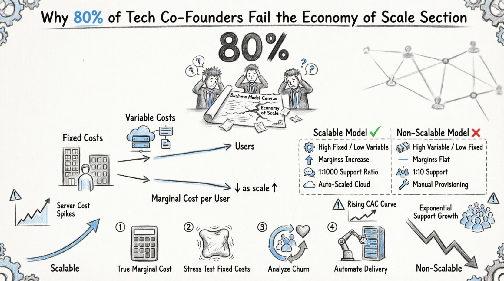 Sketch-style infographic explaining why 80% of tech co-founders fail at modeling Economy of Scale in their Business Model Canvas, featuring fixed vs variable cost diagrams, scalable vs non-scalable model comparison, common pitfalls like infrastructure costs and CAC underestimation, and a 4-step correction framework for sustainable startup growth