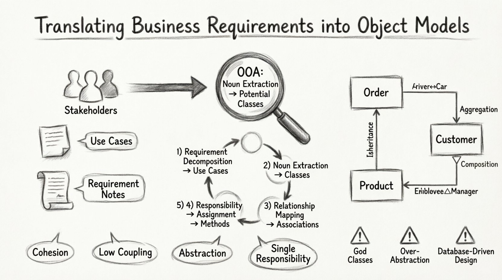 Sketch-style infographic illustrating the process of translating business requirements into object models through Object-Oriented Analysis and Design (OOAD). Shows a left-to-right workflow: business requirements with stakeholder icons flowing through a 5-step translation process (Requirement Decomposition, Noun Extraction, Relationship Mapping, Responsibility Assignment, Validation) resulting in a refined domain model. Features hand-drawn UML class diagrams with entities like Order, Customer, Product connected by relationship types (Association, Aggregation, Composition, Inheritance). Highlights core OOAD principles: Cohesion, Low Coupling, Abstraction, Single Responsibility Principle. Warns against common pitfalls: God Classes, Over-Abstraction, Database-Driven Design. Clean pencil-sketch aesthetic with minimal text, visual hierarchy, and English labels for software architects and developers.