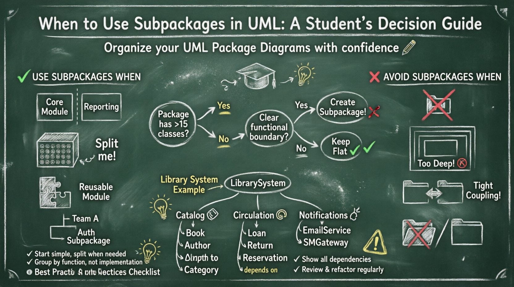 Chalkboard-style educational infographic explaining when to use subpackages in UML package diagrams, featuring hand-drawn decision flowchart, ✅ do/don't criteria checklist, library system example hierarchy, and best practices for students learning software architecture and modular design