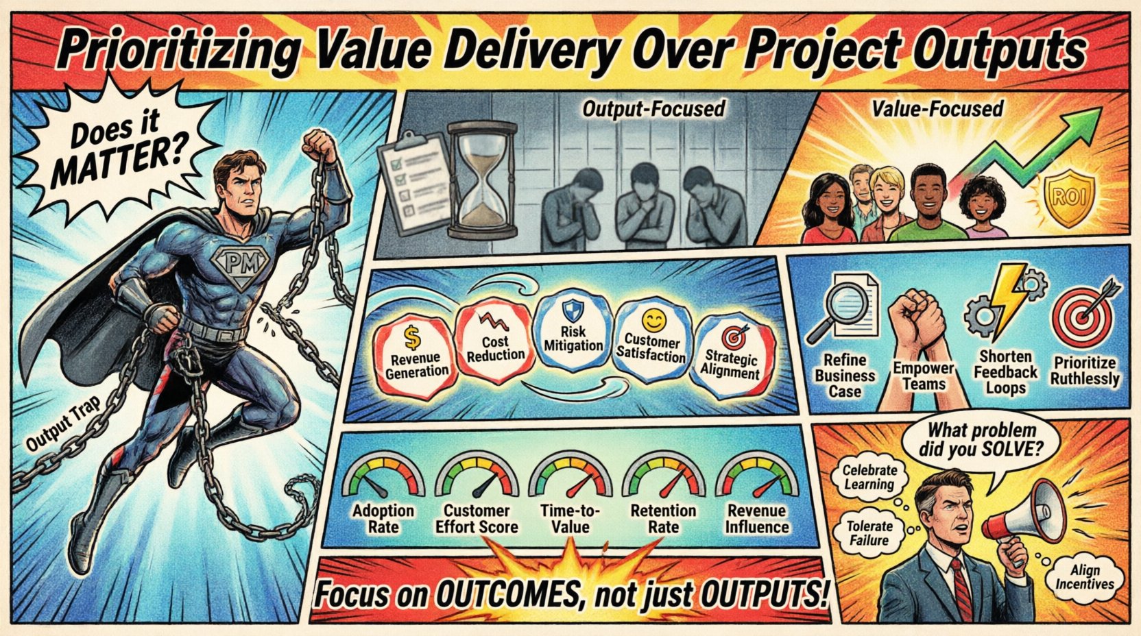 Comic book style infographic summarizing how to prioritize value delivery over project outputs in project management, featuring key concepts: output trap vs value-focused mindset, five value dimensions (revenue, cost reduction, risk mitigation, customer satisfaction, strategic alignment), four strategies to shift focus (refine business case, empower teams, shorten feedback loops, prioritize ruthlessly), outcome-based metrics (adoption rate, time-to-value, retention), and leadership principles for driving business impact