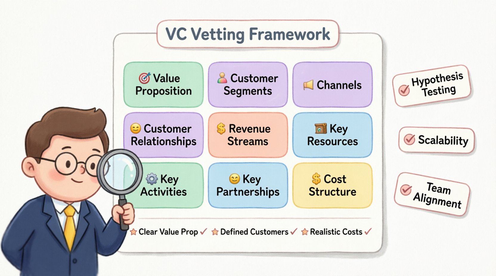 Kawaii-style infographic illustrating how venture capitalists use the 9-block Business Model Canvas to evaluate early-stage startup teams, featuring pastel-colored rounded sections for Value Proposition, Customer Segments, Channels, Customer Relationships, Revenue Streams, Key Resources, Key Activities, Key Partnerships, and Cost Structure, with cute icons, VC character with magnifying glass, and checklist badges for hypothesis testing, scalability, and team alignment