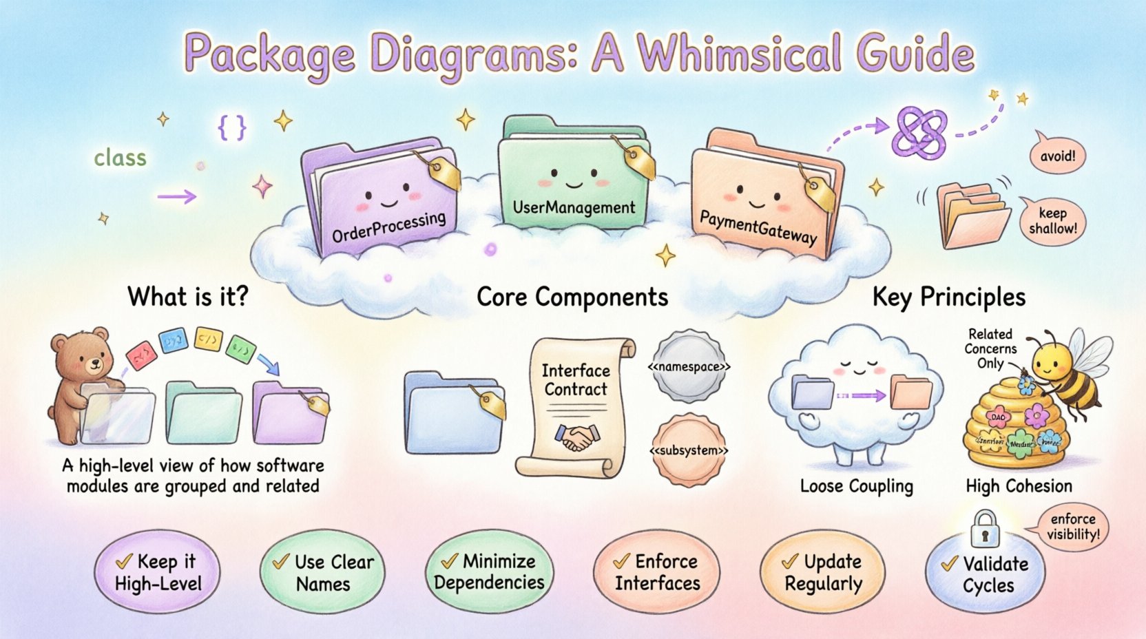 Whimsical infographic explaining Package Diagrams for software architecture beginners: features cute folder-characters representing packages like OrderProcessing and UserManagement, playful arrows showing dependencies and associations, key UML concepts including namespaces and interfaces, architectural principles of loose coupling and high cohesion illustrated with friendly mascots, visual checklist of best practices, and warnings about common pitfalls like spaghetti dependencies - all in a soft pastel hand-drawn style with clear visual hierarchy for easy learning