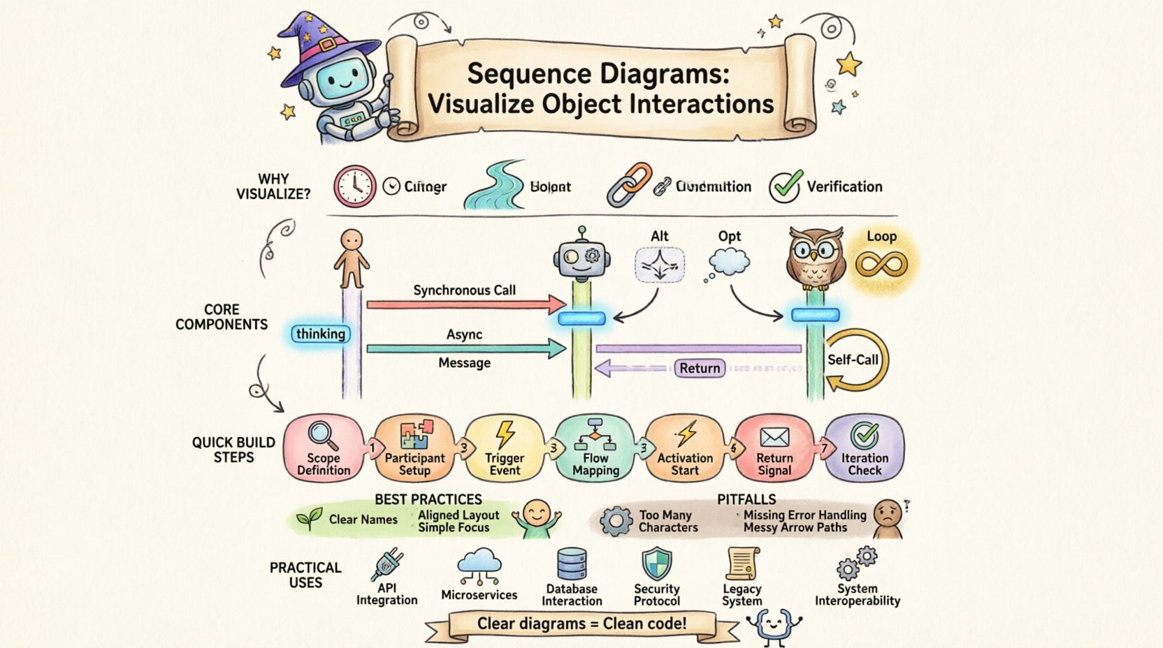 Whimsical infographic explaining sequence diagrams for visualizing object interactions in software engineering, featuring cartoon-style lifelines with character avatars, colorful message arrows showing synchronous and asynchronous communication, glowing activation bars, decorative combined fragment frames for loops and conditions, plus illustrated sections on why visualize interactions, step-by-step construction guide, best practices versus common pitfalls, and practical applications for API design, microservices, and security protocols, all rendered in soft pastel colors with playful hand-drawn aesthetic and clear visual hierarchy