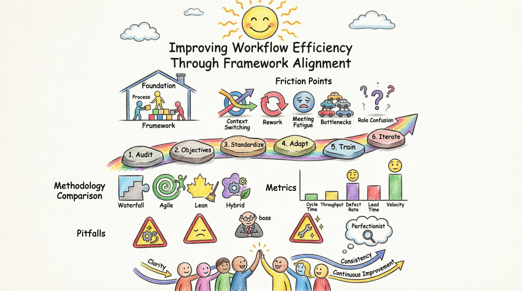 Child-style hand-drawn infographic summarizing workflow efficiency through framework alignment: illustrates framework vs process foundation, structural friction points like context switching and bottlenecks, six-step implementation roadmap, methodology comparison chart (Waterfall, Agile, Lean, Hybrid), key performance metrics including cycle time and throughput, and common pitfalls to avoid, rendered in colorful crayon art with playful stick figures and simple icons for accessible project management education