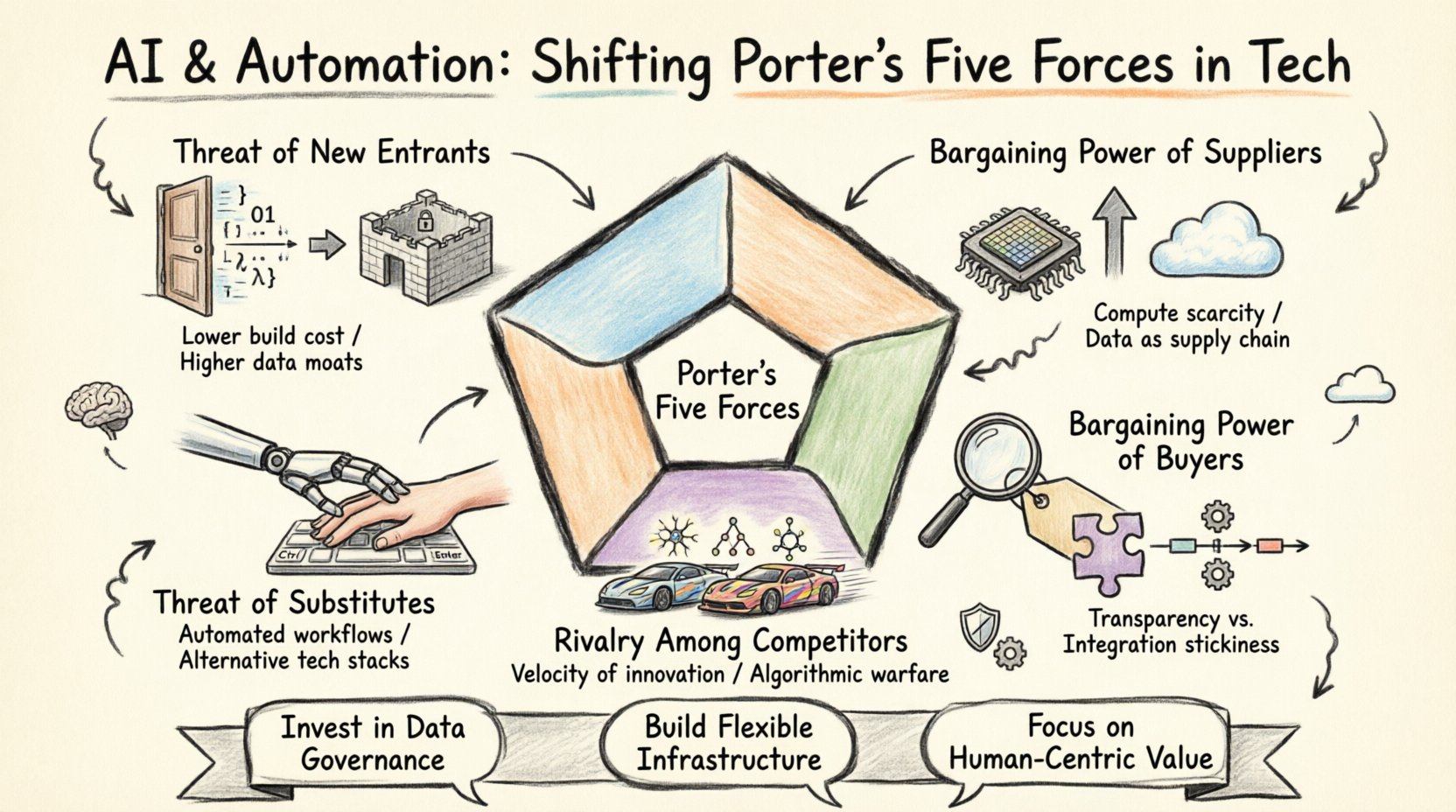 Hand-drawn infographic illustrating how artificial intelligence and automation transform Porter's Five Forces in the technology sector: showing lower barriers to entry but higher data moats for new entrants, increased supplier power from compute and data scarcity, enhanced buyer power through AI-driven transparency, automated substitutes replacing human tasks, and intensified rivalry driven by algorithmic speed and deployment velocity
