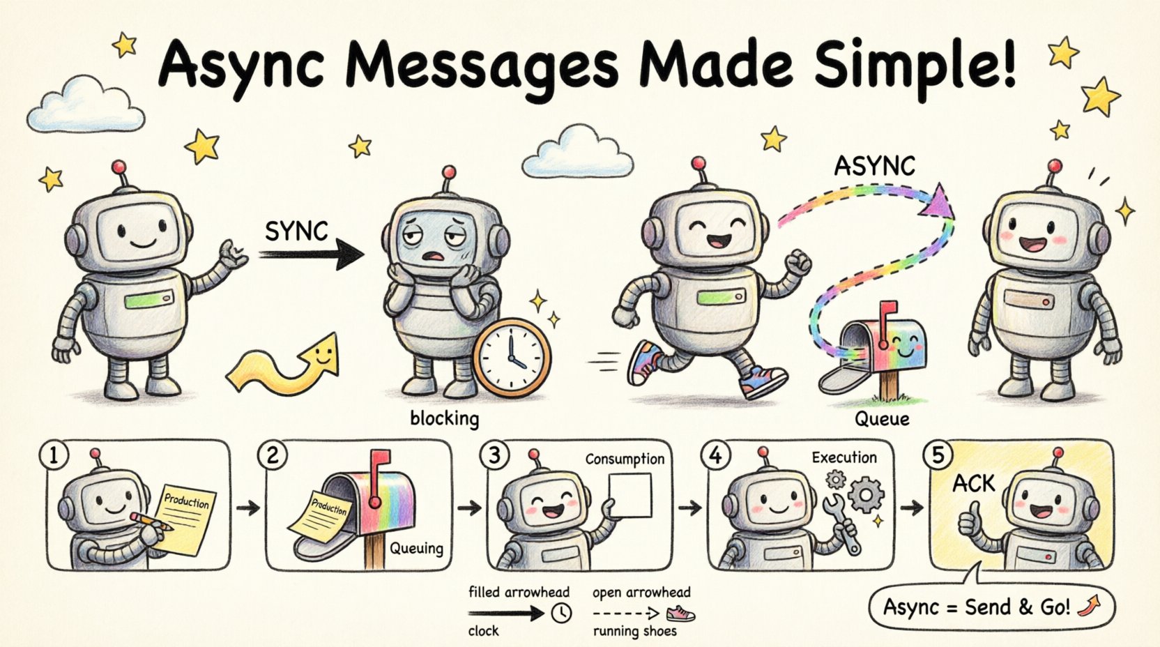 Child-style infographic explaining asynchronous messages in UML communication diagrams, showing visual differences between synchronous (solid arrow, filled head, blocking) and asynchronous (dashed arrow, open head, non-blocking) messages, with playful robot characters, message queue mailbox, and 5-step lifecycle: production, queuing, consumption, execution, and optional acknowledgment