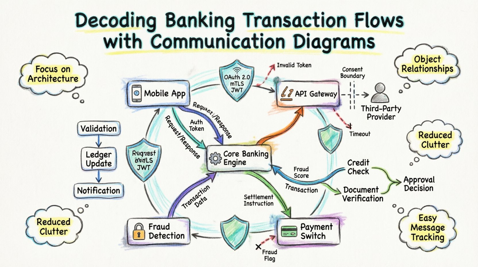 Marker-style infographic illustrating banking transaction flows using UML Communication Diagrams, showing system components like mobile apps, API gateways, core banking engines, and fraud detection services connected by labeled message arrows, with three case studies: P2P transfers, Open Banking, and loan processing, plus security layers and best practices