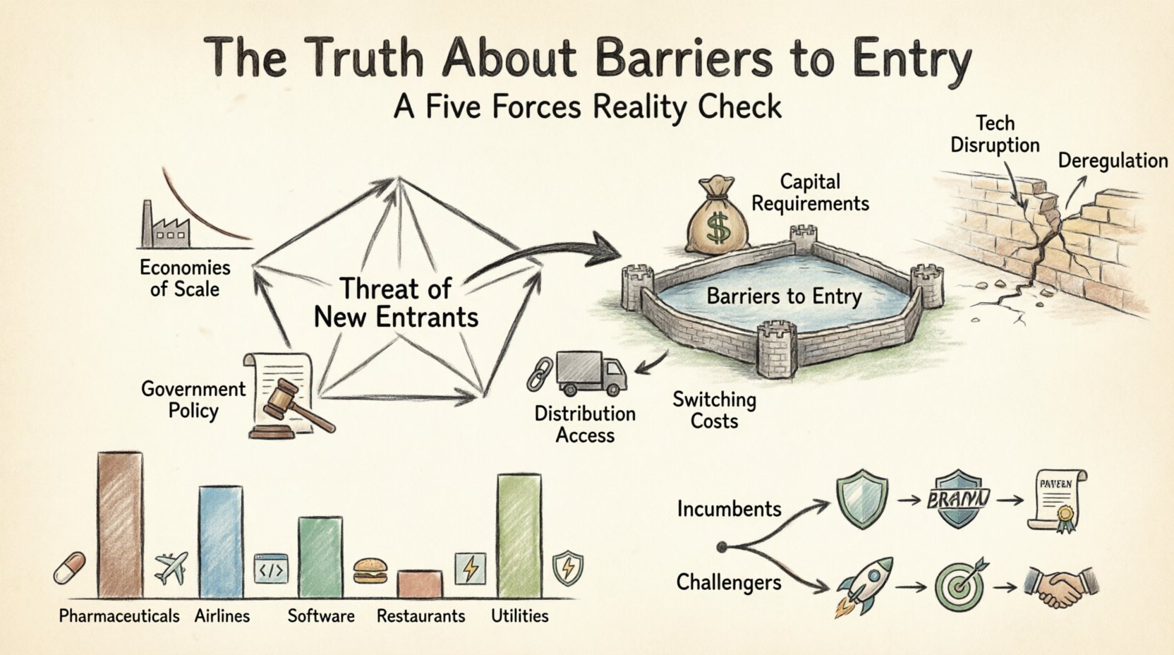 Hand-drawn infographic illustrating Porter's Five Forces analysis focused on barriers to entry, featuring a central Five Forces pentagon with highlighted threat of new entrants, castle moat visualization showing five barrier types (economies of scale, capital requirements, switching costs, distribution access, government policy), comparative barrier height chart across pharmaceuticals airlines software restaurants and utilities industries, strategic response pathways for incumbents versus challengers, and dynamic erosion elements representing technological disruption and regulatory change