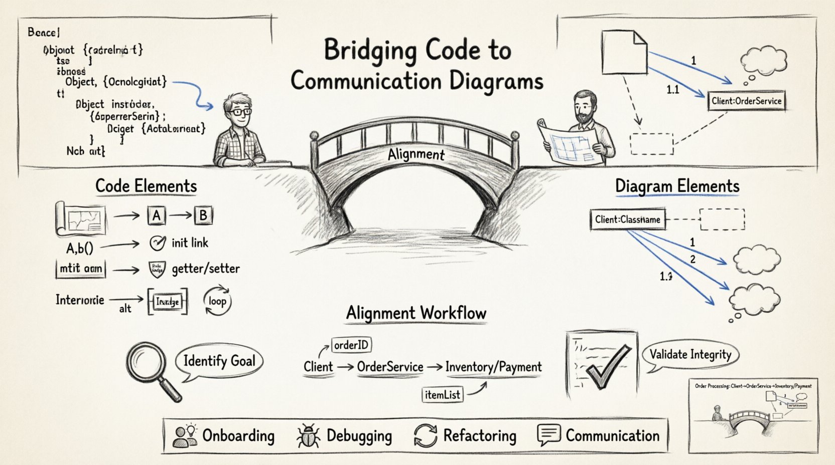 Sketch-style infographic illustrating how to align software code structure with UML communication diagrams, showing mapping between code elements (classes, methods, dependencies) and diagram components (objects, links, messages), plus a 3-step alignment workflow and key benefits for onboarding, debugging, and refactoring