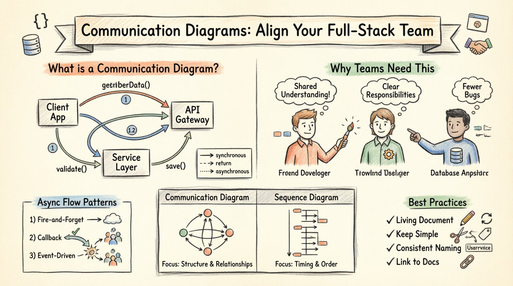 Hand-drawn infographic illustrating how communication diagrams align full-stack development teams, featuring object relationships between client app, API gateway, service layer, and data repository; message flow arrows with sequence numbers; async pattern examples; comparison with sequence diagrams; and best practices checklist for maintaining living documentation
