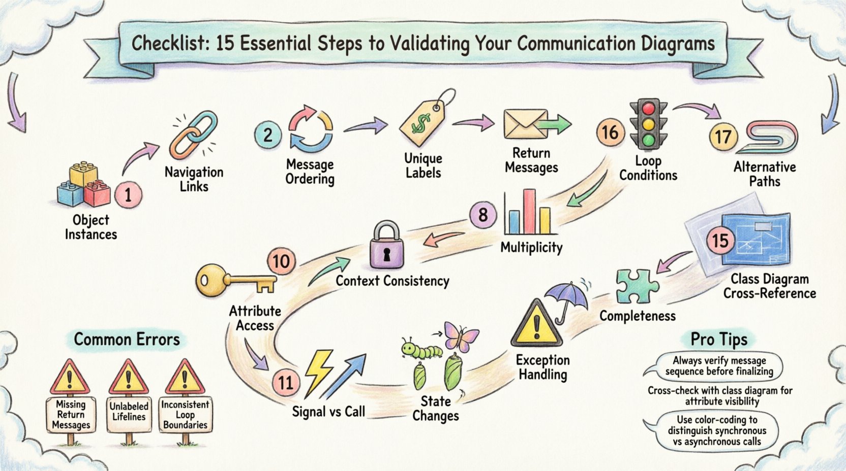 Whimsical infographic illustrating a 15-step checklist for validating UML communication diagrams, featuring playful icons for object instances, navigation links, message ordering, unique labels, return messages, loop conditions, alternative paths, multiplicity, context consistency, attribute access, signal vs call messages, state changes, exception handling, completeness verification, and class diagram cross-referencing, with a friendly robot engineer character, pastel color palette, and intuitive visual flow for software architects and developers