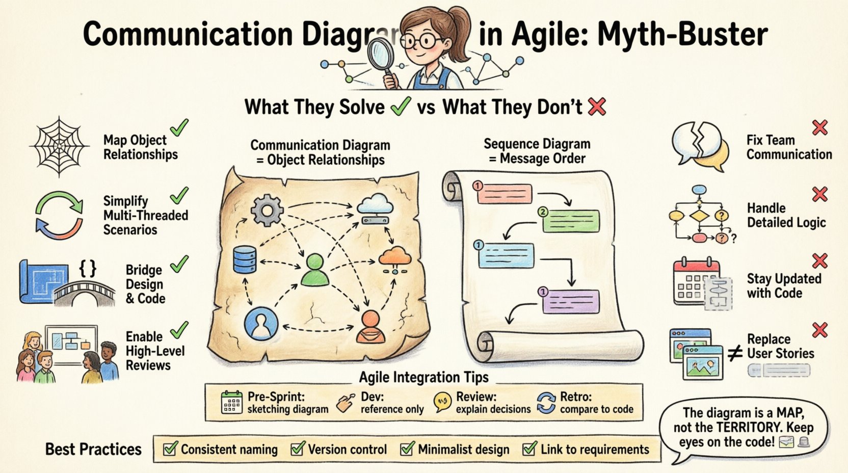 Cartoon infographic myth-busting Communication Diagrams in Agile: visualizes what they solve (mapping object relationships, simplifying multi-threaded scenarios, bridging design-to-code, enabling high-level reviews) versus what they don't (fixing team communication, handling detailed logic, staying code-accurate, replacing user stories), with side-by-side Comparison vs Sequence Diagrams, Agile sprint integration workflow, common pitfalls to avoid, and best practices checklistβall in a friendly map-themed cartoon style
