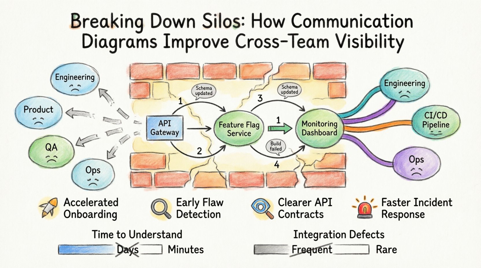 Hand-drawn infographic showing how communication diagrams break down organizational silos in software development. Visualizes isolated teams (Engineering, Product, QA, Ops) connected by a structured diagram with objects, links, and numbered messages. Highlights four key benefits: accelerated onboarding, early design flaw detection, clearer API contracts, and faster incident response. Includes before/after metrics: time to understand system reduced from days to minutes, integration defects decreased from frequent to rare. Sketch-style illustration with warm watercolor textures and approachable color palette.