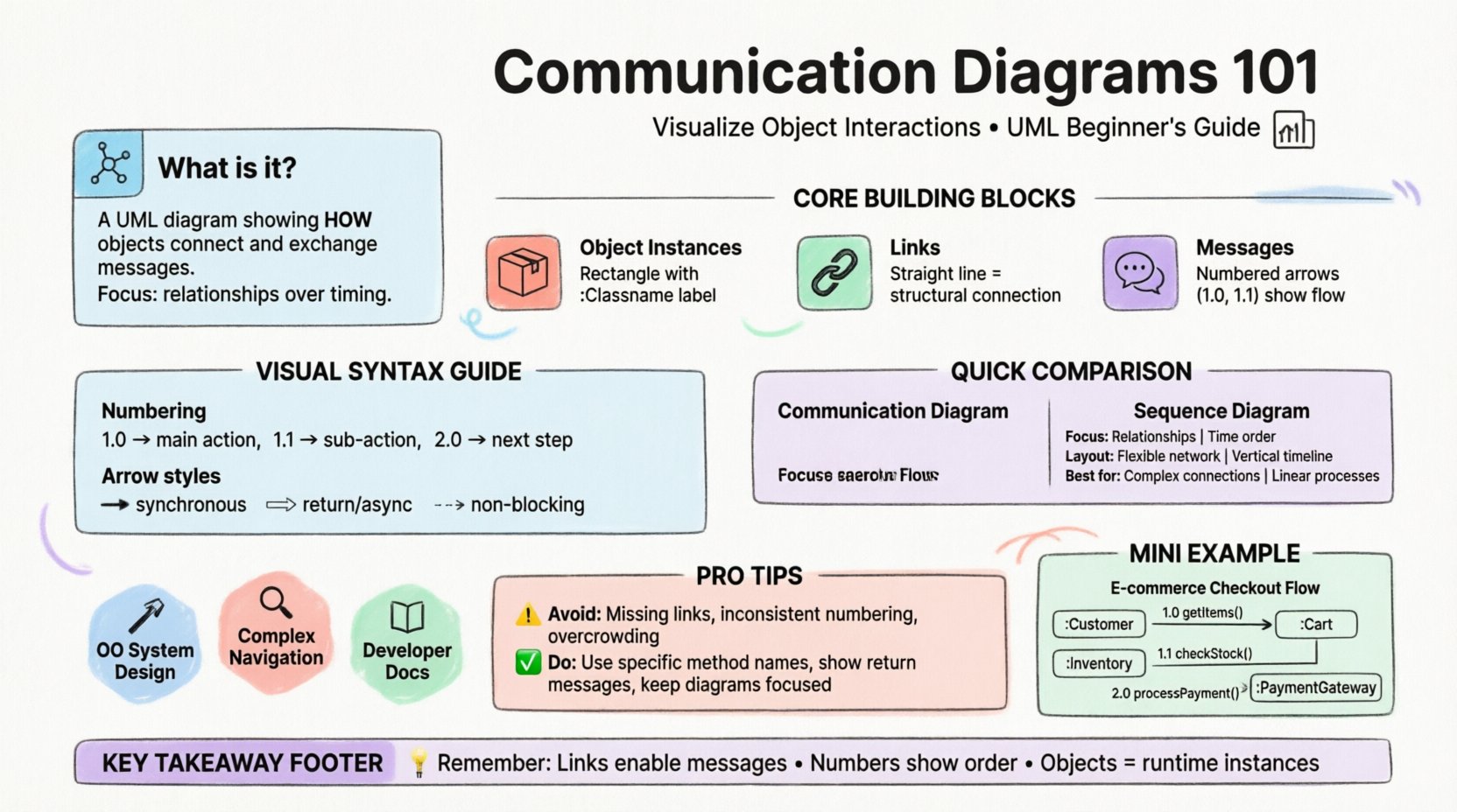 Educational infographic explaining UML communication diagrams for beginners: features definition, core building blocks (object instances, links, numbered messages), visual syntax guide with numbering conventions and arrow styles, comparison table with sequence diagrams, use cases for object-oriented design, pro tips to avoid common mistakes, and a simple e-commerce checkout example flow, all presented in clean flat design with pastel colors, rounded shapes, and black outlines on white background