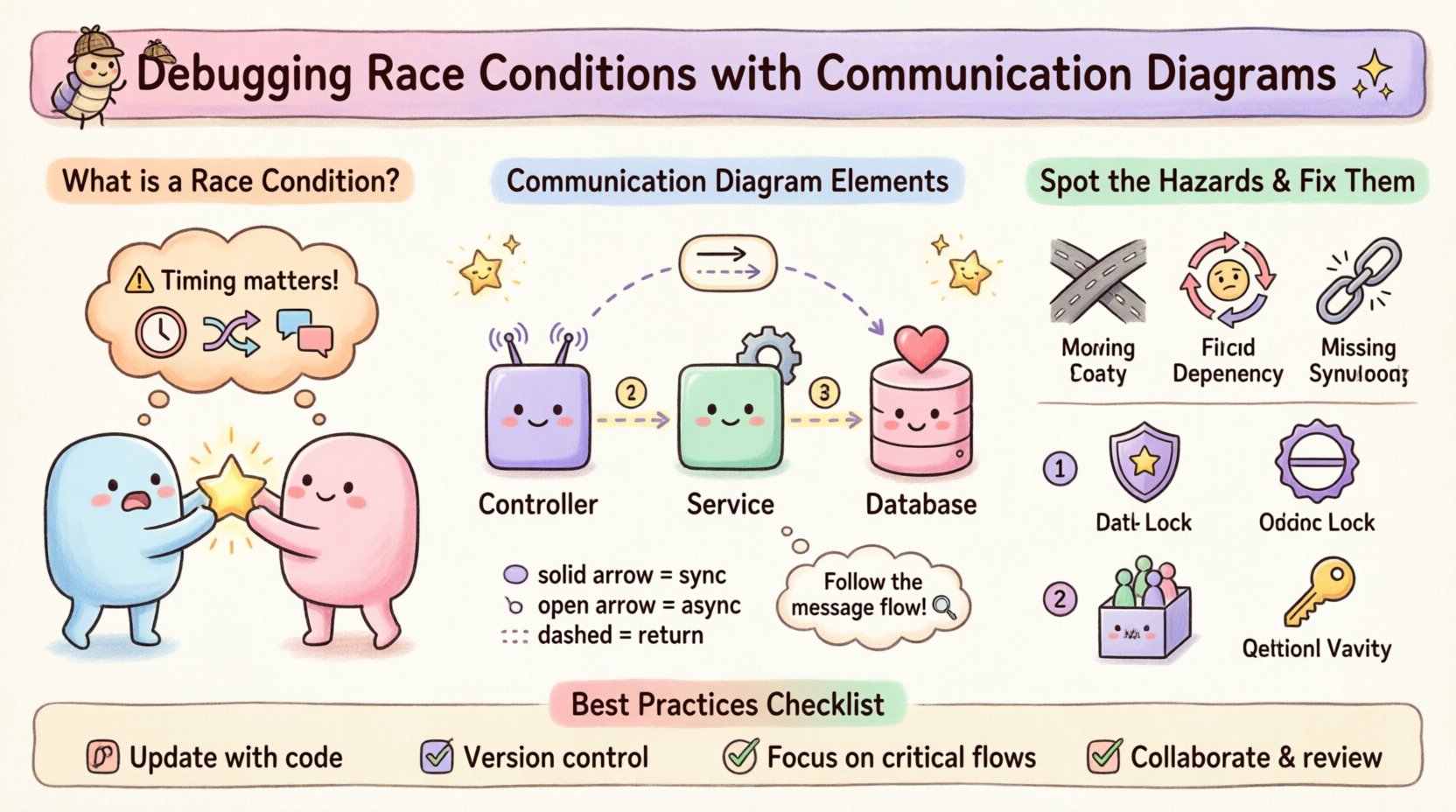 Kawaii cute vector infographic explaining how to use communication diagrams to identify and fix race conditions in software development, featuring pastel-colored rounded objects, numbered message flows, concurrency hazard warnings, and mitigation strategies like locking and queueing, with a friendly bug mascot detective