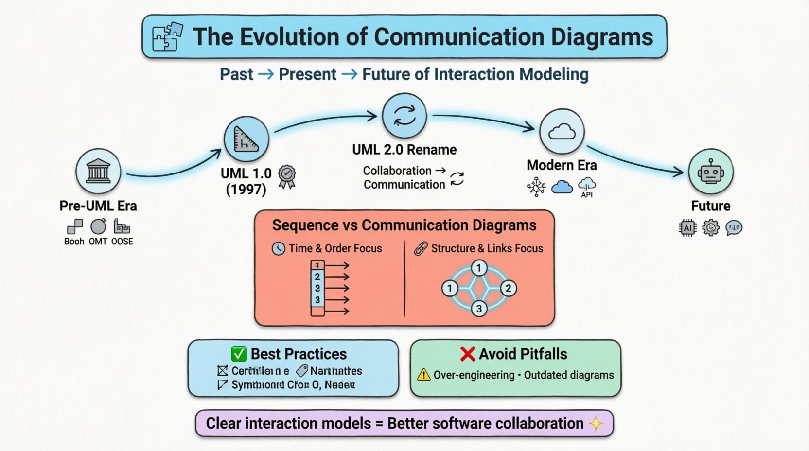 Infographic illustrating the evolution of communication diagrams in software engineering: horizontal timeline showing pre-UML methods (Booch, OMT, OOSE), UML 1.0 standardization in 1997, UML 2.0 rename from Collaboration to Communication diagrams, modern applications in microservices and APIs, and future trends with AI-assisted modeling; includes visual comparison of sequence diagrams (time-focused) versus communication diagrams (structure-focused), plus best practices checklist; designed in clean flat style with rounded shapes, black outlines, and pastel accent colors on white background for student-friendly social media sharing