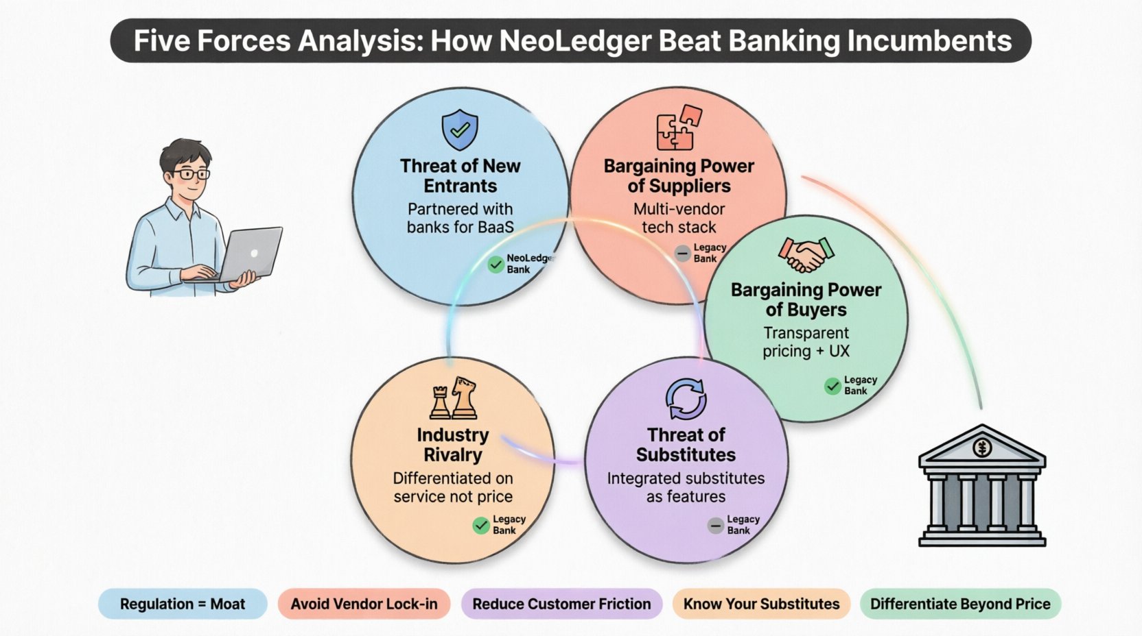 Infographic illustrating Porter's Five Forces Analysis applied to fintech startup NeoLedger: five pastel-colored circular sections show strategies for Threat of New Entrants (banking-as-a-service partnerships), Bargaining Power of Suppliers (multi-vendor tech stack), Bargaining Power of Buyers (transparent pricing and UX), Threat of Substitutes (integration over replacement), and Industry Rivalry (service differentiation). Includes comparison badges versus legacy banks and key takeaways: regulation as moat, vendor agnosticism, customer centricity, substitute awareness, and differentiation. Clean flat design with black outlines, rounded shapes, and ample white space for educational social media content.