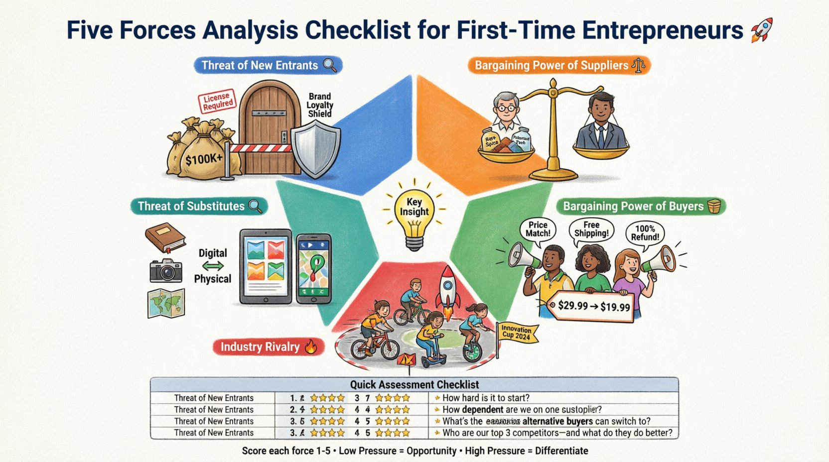 Cartoon infographic illustrating Porter's Five Forces Analysis for first-time entrepreneurs: Threat of New Entrants, Bargaining Power of Suppliers, Bargaining Power of Buyers, Threat of Substitutes, and Industry Rivalry. Features a pentagon layout with colorful icons, checklist table with 1-5 rating scale, key evaluation questions, and strategic insights for startup market analysis and competitive strategy planning.