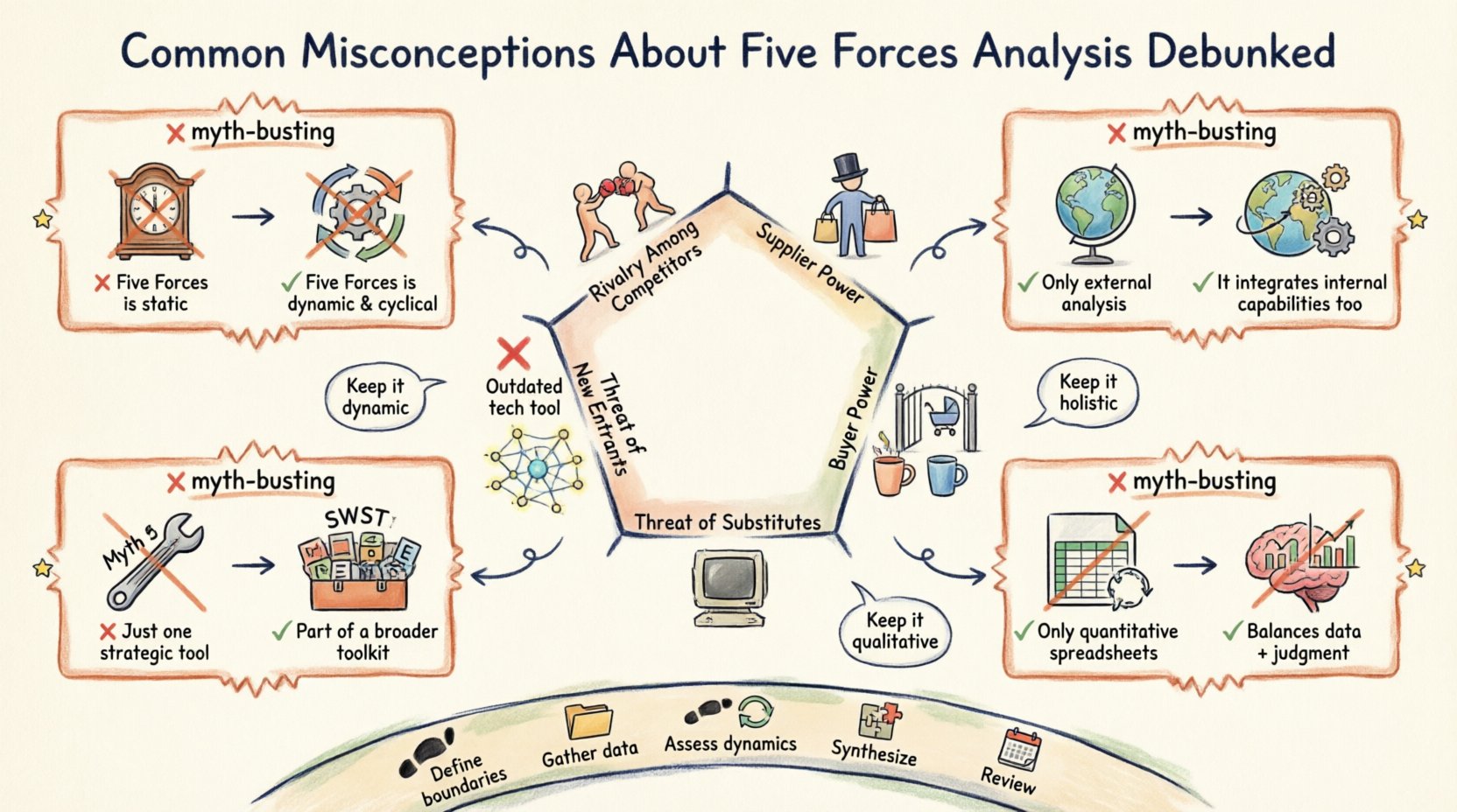 Hand-drawn infographic debunking five common misconceptions about Porter's Five Forces Analysis: static vs dynamic application, external-only focus, digital economy relevance, tool isolation, and quantitative-only approach; features central pentagon diagram of the five competitive forces with myth-busting panels, implementation roadmap, and key takeaways for strategic business planning
