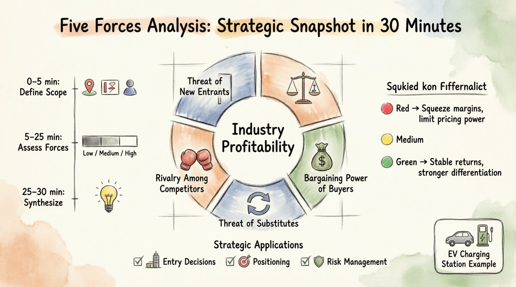 Hand-drawn infographic illustrating Porter's Five Forces Analysis framework with a 30-minute quick start workflow, featuring five competitive forces (new entrants, supplier power, buyer power, substitute products, competitive rivalry) with doodle icons, intensity scoring system (Low/Medium/High), strategic interpretation guide, and actionable checklist for business strategy planning