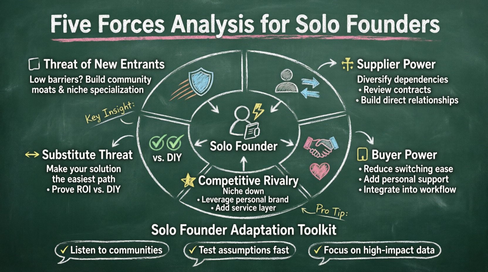 Chalkboard-style infographic illustrating Porter's Five Forces framework adapted for solo founders, showing threat of new entrants, supplier power, buyer power, substitute threats, and competitive rivalry with hand-drawn icons and actionable strategies for independent entrepreneurs