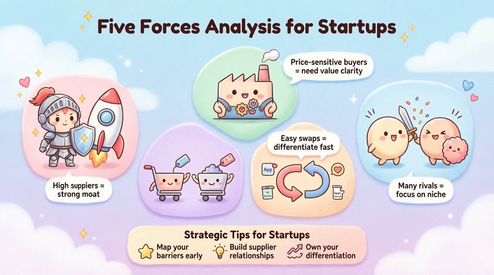 Kawaii-style 16:9 infographic illustrating Porter's Five Forces Analysis for startups, featuring five cute chibi character mascots representing: Threat of New Entrants (knight with shield), Bargaining Power of Suppliers (friendly factory), Bargaining Power of Buyers (shopping cart characters), Threat of Substitute Products (swap arrows with alternatives), and Competitive Rivalry (playful competitors). Pastel color scheme with soft pink, mint, lavender, peach, and sky blue. Includes key strategic takeaways for each force in rounded speech bubbles, decorative sparkles and hearts, and a startup rocket motif. Clean English typography with playful sans-serif font, designed to help entrepreneurs visually understand competitive landscape analysis before launching their venture.