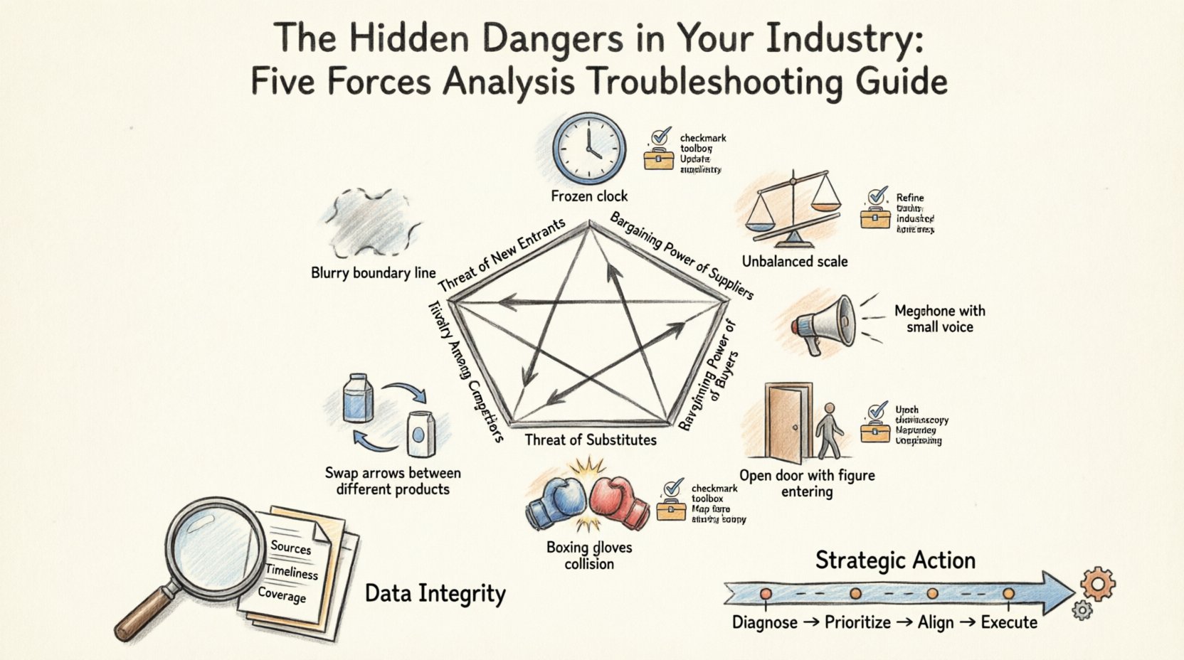Hand-sketched infographic illustrating Porter's Five Forces framework troubleshooting guide, showing the five competitive forces (new entrants, supplier power, buyer power, substitutes, rivalry) at the center with seven common analysis pitfalls and practical solutions for strategic planning, data integrity tips, and action steps for business professionals
