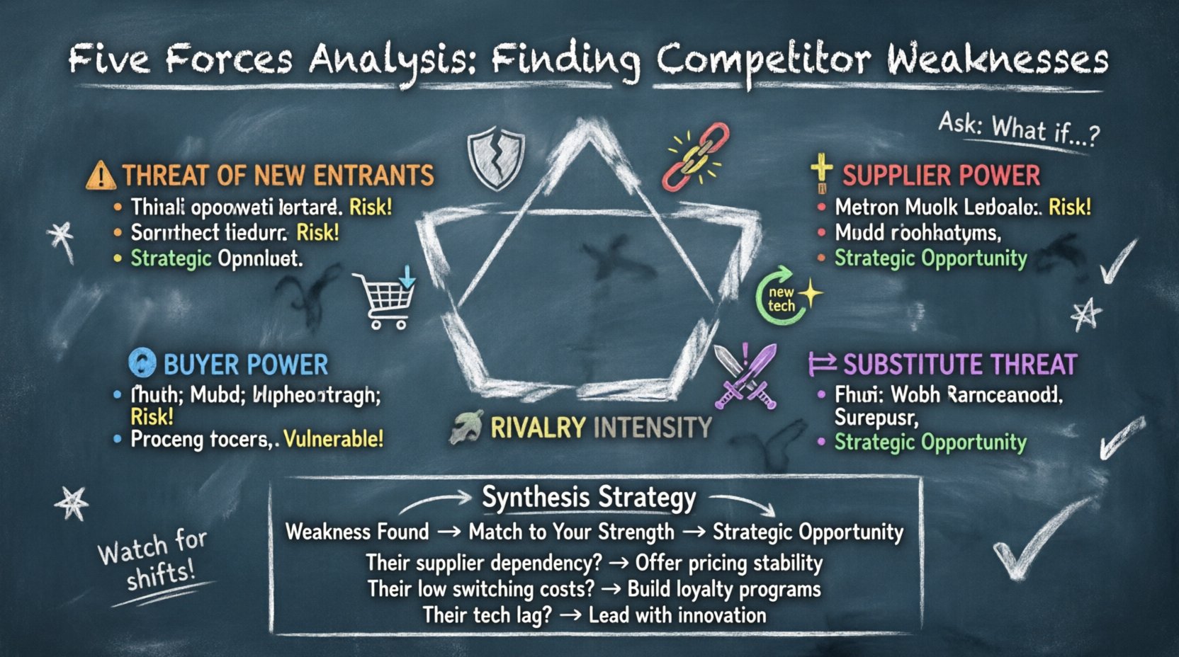 Chalkboard-style infographic illustrating Porter's Five Forces framework for analyzing competitor weaknesses, showing threat of new entrants, supplier power, buyer power, substitute threats, and competitive rivalry with vulnerability indicators and strategic opportunity mapping