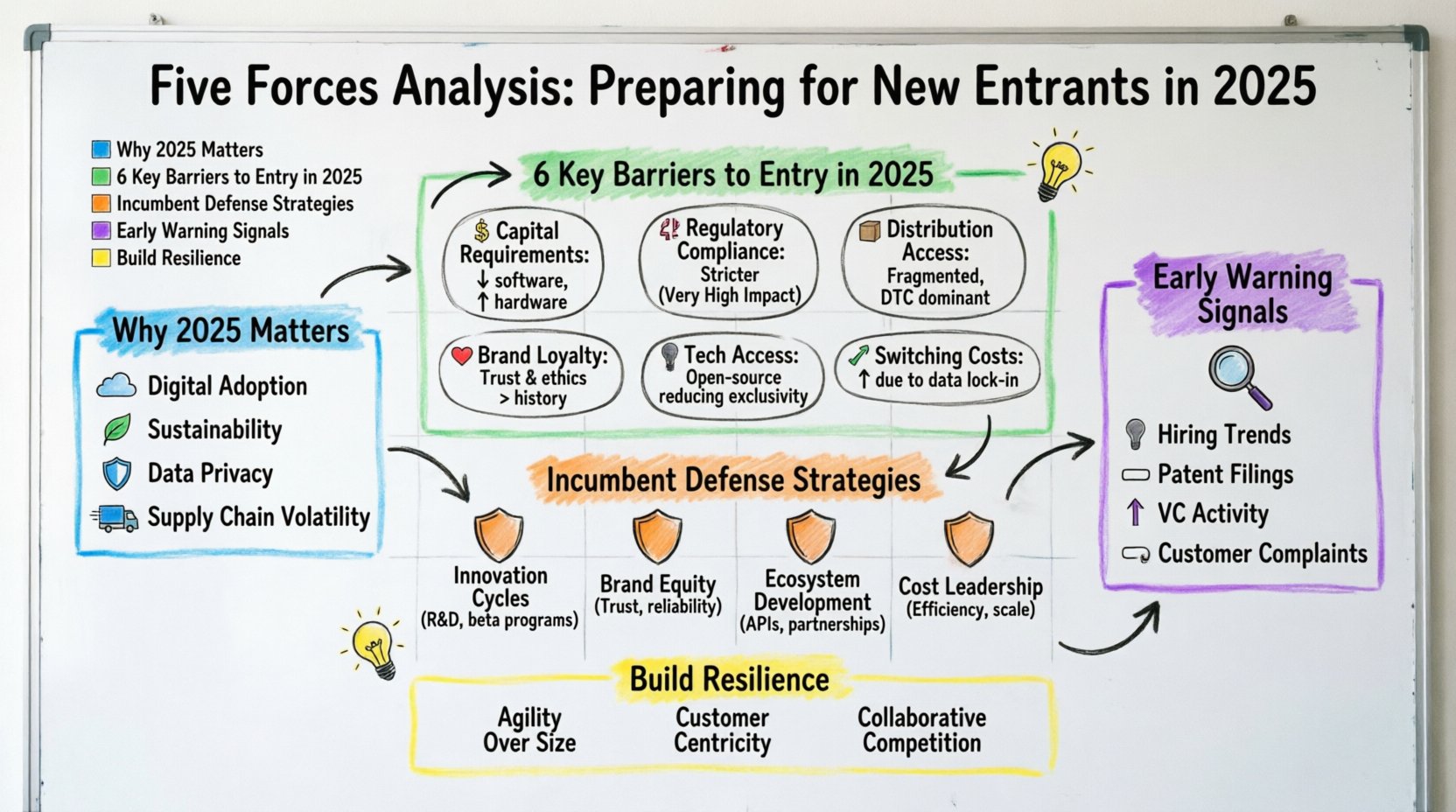 Hand-drawn whiteboard infographic illustrating Porter's Five Forces Analysis for 2025, focusing on Threat of New Entrants. Features color-coded sections: blue area showing 2025 market drivers (digital adoption, sustainability, data privacy, supply chain volatility); green hexagonal diagram displaying six key barriers to entry with 2025 outlook and impact levels; orange section outlining four incumbent defense strategies (innovation cycles, brand equity, ecosystem development, cost leadership); purple area highlighting early warning signals for disruptors (hiring trends, patent filings, VC activity, customer complaints); yellow bottom section presenting three resilience pillars (agility, customer centricity, collaborative competition). Visual style uses sketchy marker textures, connecting arrows, and intuitive icons on a clean whiteboard background in 16:9 aspect ratio.