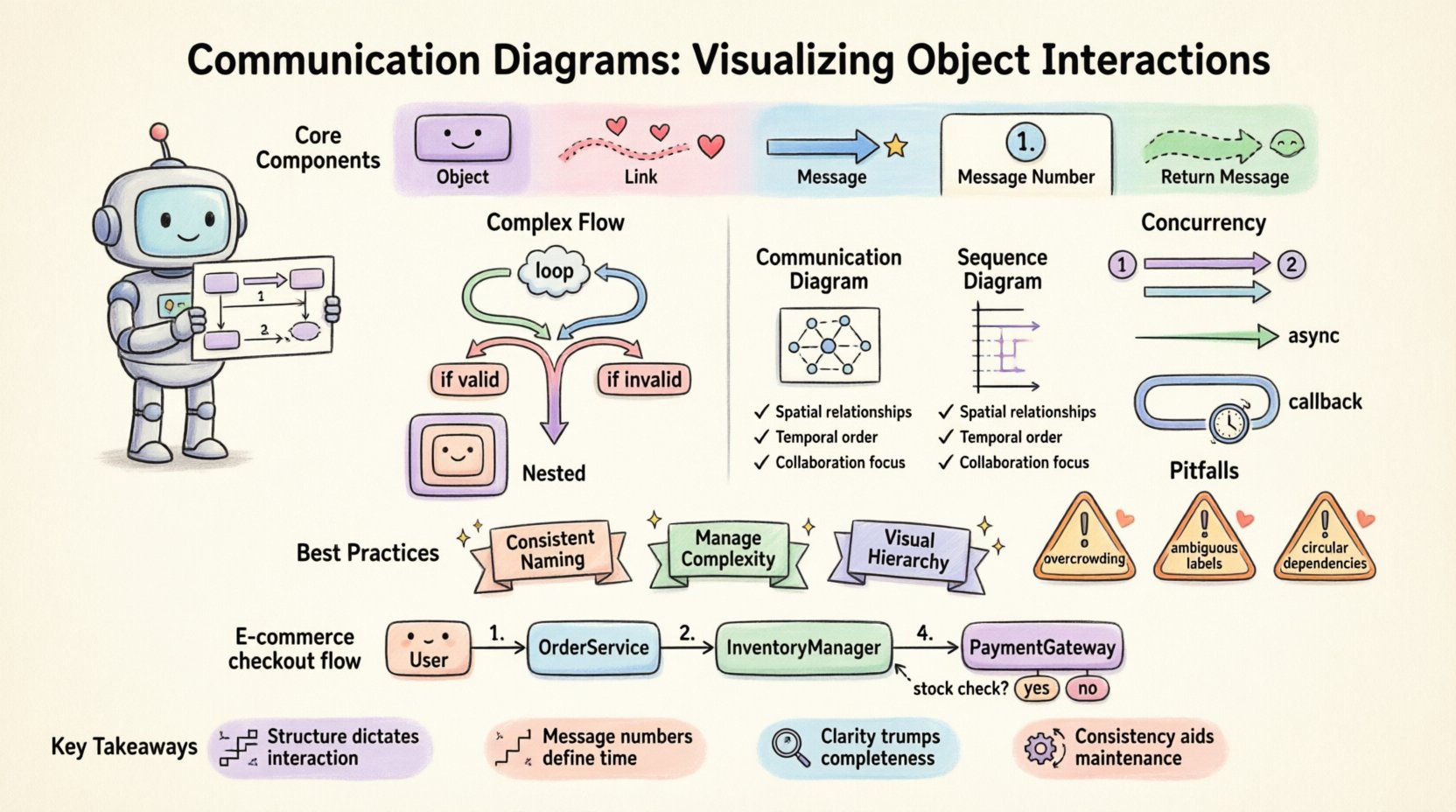 Cute kawaii-style vector infographic explaining UML Communication Diagrams with pastel colors, featuring simplified rounded objects, message flows, loop/conditional notations, concurrency patterns, comparison with sequence diagrams, best practices checklist, common pitfalls warnings, and a step-by-step e-commerce checkout example with numbered interactions