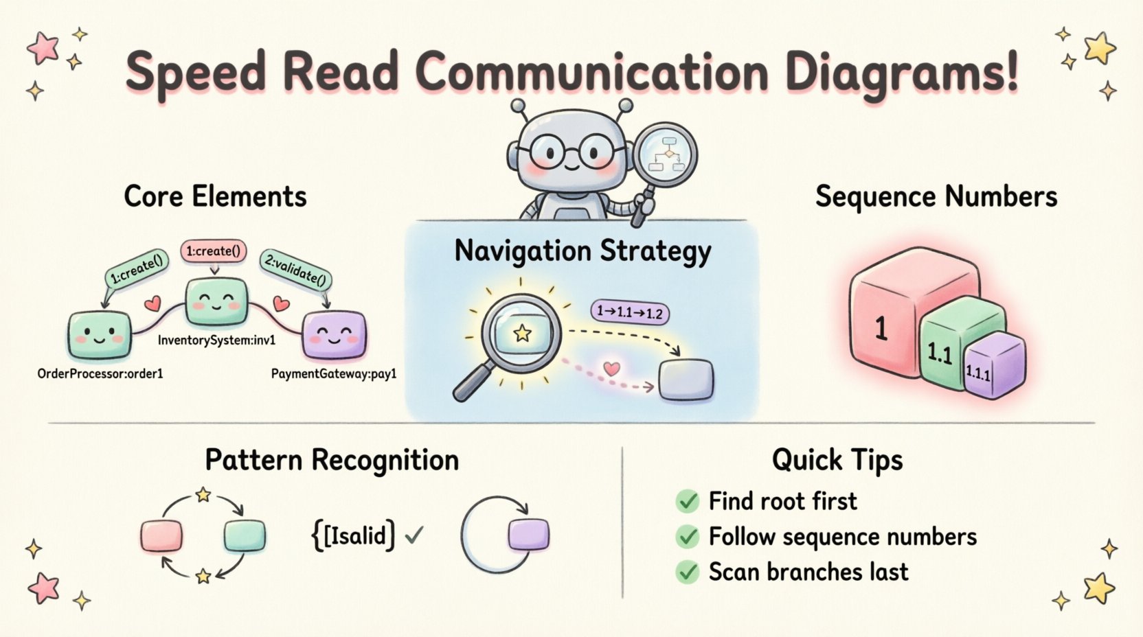 Cute kawaii vector infographic teaching speed reading techniques for UML Communication Diagrams, featuring pastel colors, simplified icons for object instances, links, messages, sequence numbering, navigation strategies, and interaction patterns for software engineers