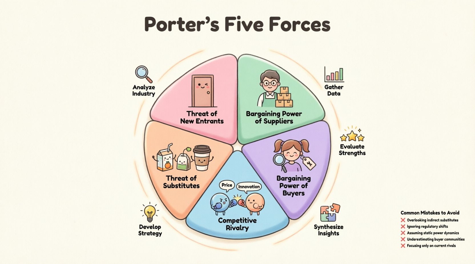 Cute kawaii-style vector infographic illustrating Porter's Five Forces framework with pastel-colored sections for Threat of New Entrants, Supplier Power, Buyer Power, Threat of Substitutes, and Competitive Rivalry, plus implementation steps and strategic planning tips